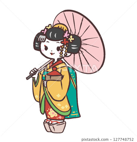Illustration of a maiko with a serious expression holding a Japanese umbrella 127748752