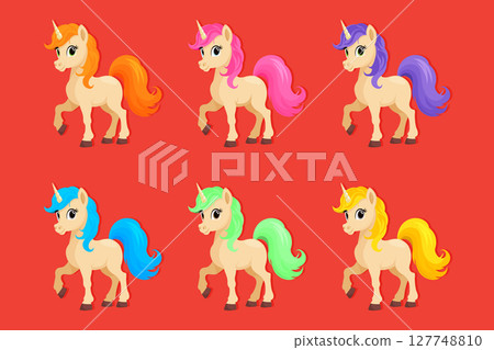 Set of Unicorns with Different Hair Colors Isolated Vector Illustration 127748810