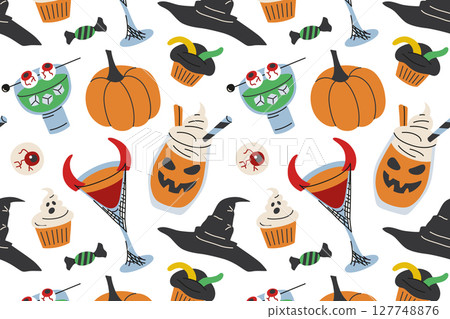 Flat cartoon vector illustration pattern with spooky Halloween cocktails, party drinks, scary treats, witch hat and pumpkin. Seamless design for holiday decor, celebration, kids and adult parties 127748876