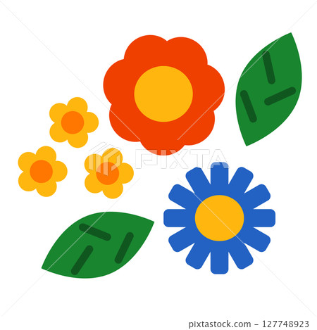 Collection of bright colorful floral vector elements. Set of floral wild flowers, leaves on white background. Floral illustration from simple shapes for decor, easter, thanksgiving, clip art. 127748923