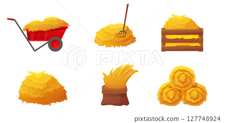 Hay bale and straw bundle collection. Rural farming elements like hayricks, corn crops, rake, and wheelbarrow. Flat vector set for agriculture, pasture, or ranch use. Isolated on white. 127748924