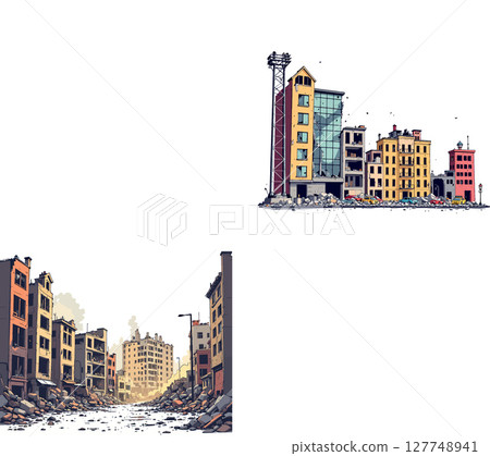 Vsai destroyed city buildings showing war destruction and urban decay 127748941