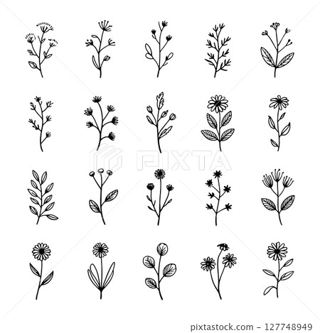 Dense Floral Grid. A compact collection of floral elements arranged in a neat grid, ideal for textile patterns and seamless design. 127748949