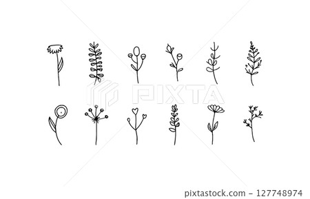 Linear Flower Sprigs. A vertical lineup of clean line-drawn floral sprigs with minimal leaves and stems for modern botanical styling. 127748974
