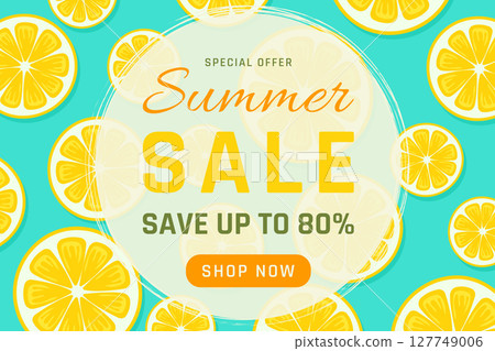 Summer Sale Banner on Orange Fruit Background Vector Illustration. 127749006