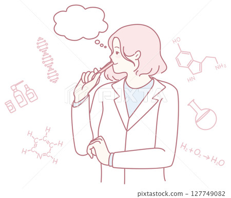 Illustrations of a Woman Scientist Engaging in Thought and Analysis with Lab Equipment 127749082