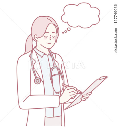 An illustration of a female doctor thoughtfully considering ideas and taking notes 127749086