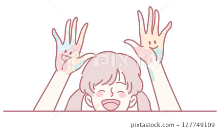 A Joyful Child With Colorfully Painted Hands Expressing Genuine Happiness and Cheerfulness A Joyful Child With Colorfully Painted Hands Expressing Genuine Happiness and Cheerfulness 127749109