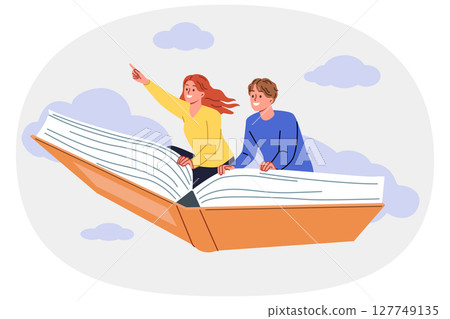 Fantasy literature allows man and woman to imagine traveling and flying through sky on giant book Fantasy literature allows man and woman to imagine traveling and flying through sky on giant book 127749135