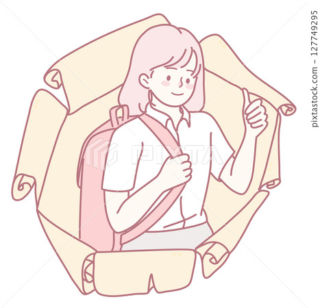 A Cheerful Student with Backpack Happily Surrounded by Colorful Paper Rolls and Supplies 127749295