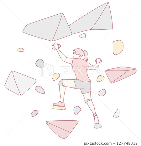 A dynamic bouldering climber demonstrating skill and determination on a challenging rock wall 127749312