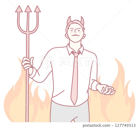A devilish character wielding a trident in a strikingly fiery background setting 127749313