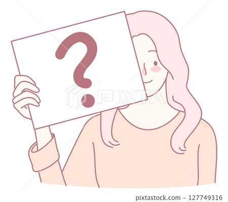 A Curious Woman Who Is Holding Up a Bright Question Mark Sign to Spark Conversations A Curious Woman Who Is Holding Up a Bright Question Mark Sign to Spark Conversations 127749316