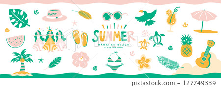 Hawaiian icon illustrations inspired by summer beaches_A set of flowers, hula girls, ukulele, etc. 127749339