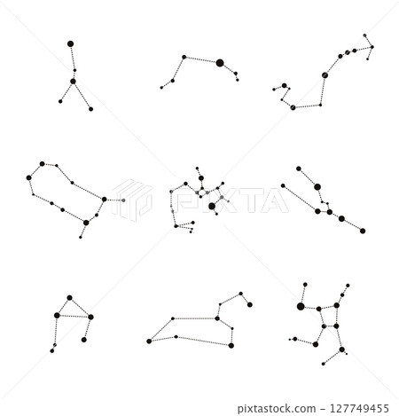 Minimalist vector graphic displaying zodiac constellations, connecting celestial points with dashed lines, revealing astrological symbols against clean white backdrop Minimalist vector graphic displaying zodiac constellations, connecting celestial points with dashed lines, revealing astrological symbols against clean white backdrop 127749455