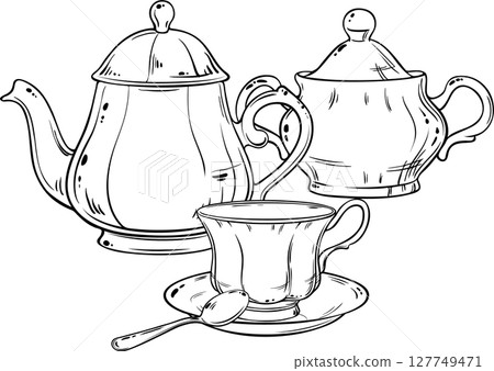 Sugar Bowl, Teapot and Cup of Tea Outline Illustration 127749471