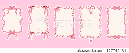 Coquette bow decorative frames set with pink ribbons. Modern hand drawn whimsical borders for invitations and cards 127749484