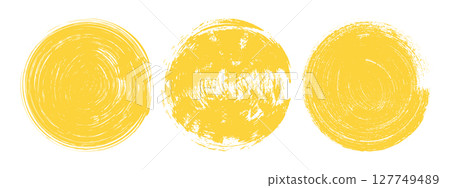 Brush sun rough set. Hand drawn yellow grunge circles. Abstract round stamp collection on white background. 127749489