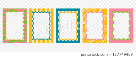 Set of retro wavy frames. Trendy borders with groovy patterns. Modern graphic template. Set of retro wavy frames. Trendy borders with groovy patterns. Modern graphic template. 127749499