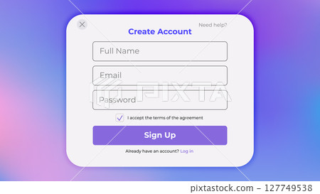 Register form with login and password fields. Vector illustration of sign up in user interfaces. Minimalistic registration screen for web. 127749538