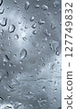 close up raindrops on Glass Window with Dark Cloudy Sky Background  127749832
