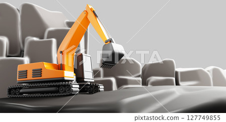3d mining industry, excavator working in quarry, heavy industrial machinery. Render cartoon landscape of mineral extraction, sand, gravel, crushed stone, coal on career open pit mine. 3D illustration 127749855