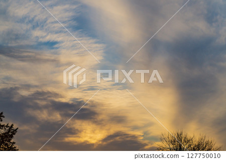 A blurred sunset landscape with a blue sky covered with clouds dissipating in the wind and illuminated by the orange warm rays of the sun. Natural spaces for the background 127750010