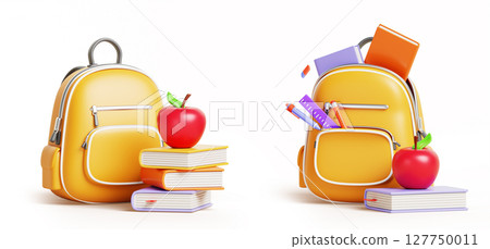 Yellow 3d school bag with stationery supplies. Open and closed backpack with book stack, apple, notebook, pen, pencil, ruler, eraser. Back to school concept. Cartoon render icon set. 3D illustration 127750011
