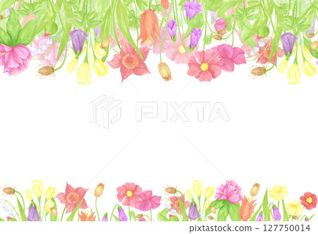 Hand drawn watercolor wildflowers and leaves frame border. Flower of the field isolated on white background. Can be used for business card, label, scrapbook and other printed products. Hand drawn watercolor wildflowers and leaves frame border. Flower of the field isolated on white background. Can be used for business card, label, scrapbook and other printed products. 127750014