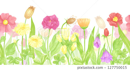 Hand drawn watercolor wildflowers and leaves seamless frame border. Flower of the field isolated on white background. Can be used for textile, fabric, scrapbook and other printed products. 127750015