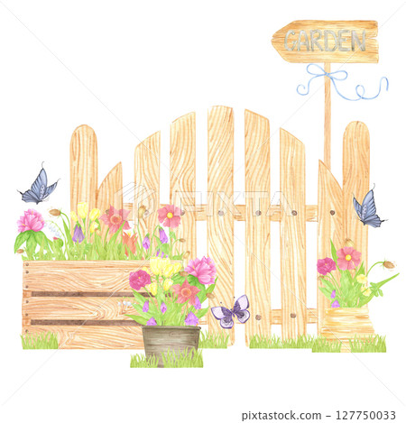 Hand drawn watercolor wildflowers in a pots with butterflies and wooden gate composition isolated on white background. Can be used for postcard, label, scrapbook and other printed products. 127750033
