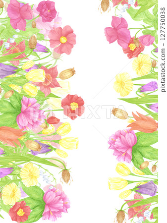 Hand drawn watercolor wildflowers and leaves postcard frame border. Flower of the field isolated on white background. Can be used for postcard, invitation, scrapbook and other printed products. 127750038