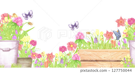 Hand drawn watercolor blooming flowers in pots and boxes. Palisade seamless border isolated on white background. Can be used for textile, postcard, scrapbook and other printed products. 127750044