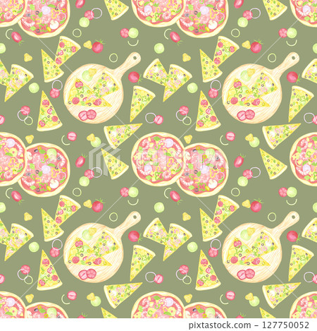 Hand drawn watercolor cheese and tomato pizza slices on the wooden cutting board seamless pattern isolated on grey background. Can be used for textile, fabric, scrapbook and other printed products. Hand drawn watercolor cheese and tomato pizza slices on the wooden cutting board seamless pattern isolated on grey background. Can be used for textile, fabric, scrapbook and other printed products. 127750052
