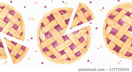 Hand drawn watercolor cut berry pie seamless border. Illustration of food isolated on white background. Can be used for textile, fabric, scrapbook and other printed products. Hand drawn watercolor cut berry pie seamless border. Illustration of food isolated on white background. Can be used for textile, fabric, scrapbook and other printed products. 127750059