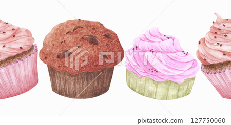 Hand drawn watercolor cupcakes with confetti seamless border. Illustration of food isolated on white background. Can be used for textile, fabric, scrapbook and other printed products. 127750060