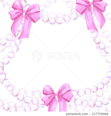 Hand drawn watercolor pearls stings with pink bows frame border isolated on white background. Can be used for cards, scrapbook album and other printed products. 127750066