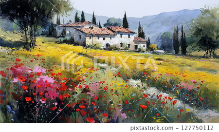 洋房與花卉風景水彩畫（生成式AI） 127750112