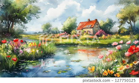 洋房與花卉風景水彩畫（生成式AI） 127750125