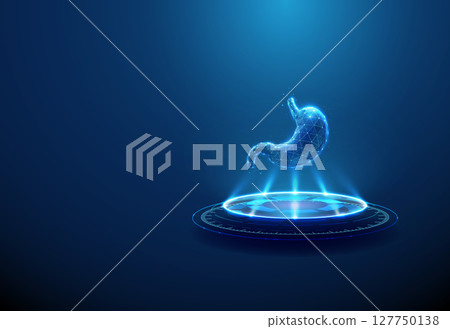 Stomach on futuristic podium. Digestive system, gastric diagnostics, biotech treatment, artificial organ technology concept. Stomach on futuristic podium. Digestive system, gastric diagnostics, biotech treatment, artificial organ technology concept. 127750138