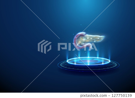 Pancreas on futuristic podium. Endocrine system, diabetes management, pancreatic diagnostics, artificial organ technology concept. Pancreas on futuristic podium. Endocrine system, diabetes management, pancreatic diagnostics, artificial organ technology concept. 127750139
