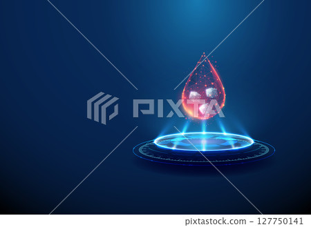 Blood drop with sugar cubes on futuristic podium Diabetes, blood sugar level, glucose monitoring, metabolic health concept 127750141