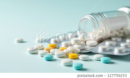 Close-up, high-resolution image of various pharmaceutical tablets and capsules of different shapes, sizes and colours neatly arranged on a clean white or light blue background. 127750253