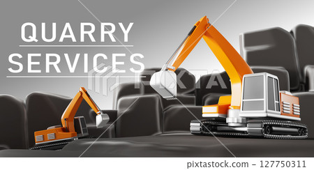 Quarry services 3d banner, excavator mining on career. Cartoon render landscape with heavy industrial machinery. Coal or metal ore opencast pit mine production, stone quarrying. 3D illustration Quarry services 3d banner, excavator mining on career. Cartoon render landscape with heavy industrial machinery. Coal or metal ore opencast pit mine production, stone quarrying. 3D illustration 127750311