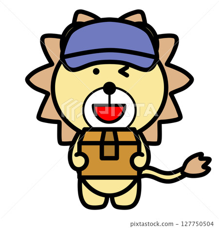 Smiling lion character delivering luggage / Home delivery, delivery and moving related illustration material 127750504