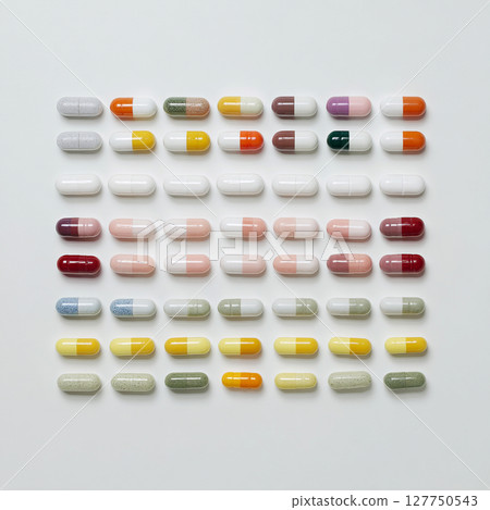 Close-up, high-resolution image of various pharmaceutical tablets and capsules of different shapes, sizes and colours neatly arranged on a clean white or light blue background. Close-up, high-resolution image of various pharmaceutical tablets and capsules of different shapes, sizes and colours neatly arranged on a clean white or light blue background. 127750543