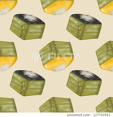 Seamless pattern of Thai Traditional Desserts Cute Collection hand drawn style illustrations on yellow background. 127750563
