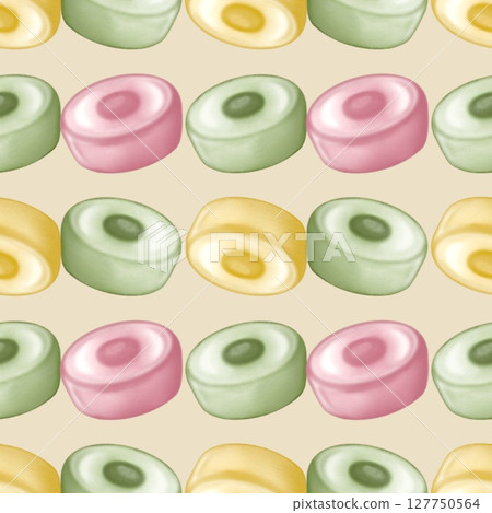 Seamless pattern of Thai Traditional Desserts Cute Collection hand drawn style illustrations on yellow background. 127750564