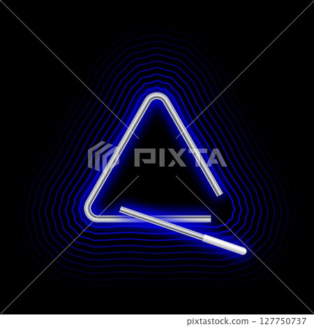 Triangular musical instrument glows in the dark with neon light and vibrating at different frequencies from the blow of a short metal stick. Realistic vector isolated on black background Triangular musical instrument glows in the dark with neon light and vibrating at different frequencies from the blow of a short metal stick. Realistic vector isolated on black background 127750737