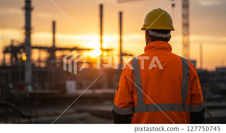 A construction worker wearing an orange safety vest and yellow hard hat stands on a construction site. 127750745